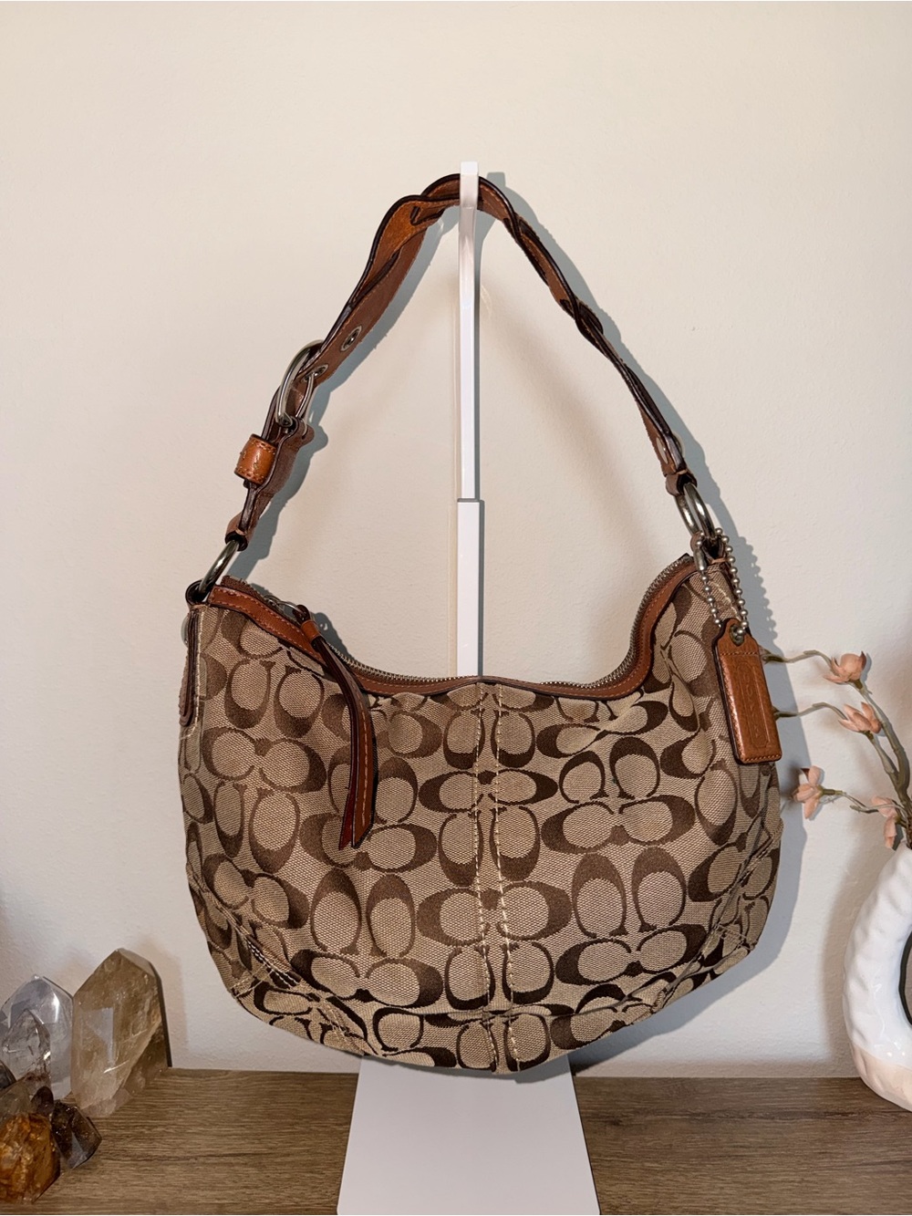 Coach Brown Signature Canvas Hobo with Leather Trim and Braided Buckle Strap